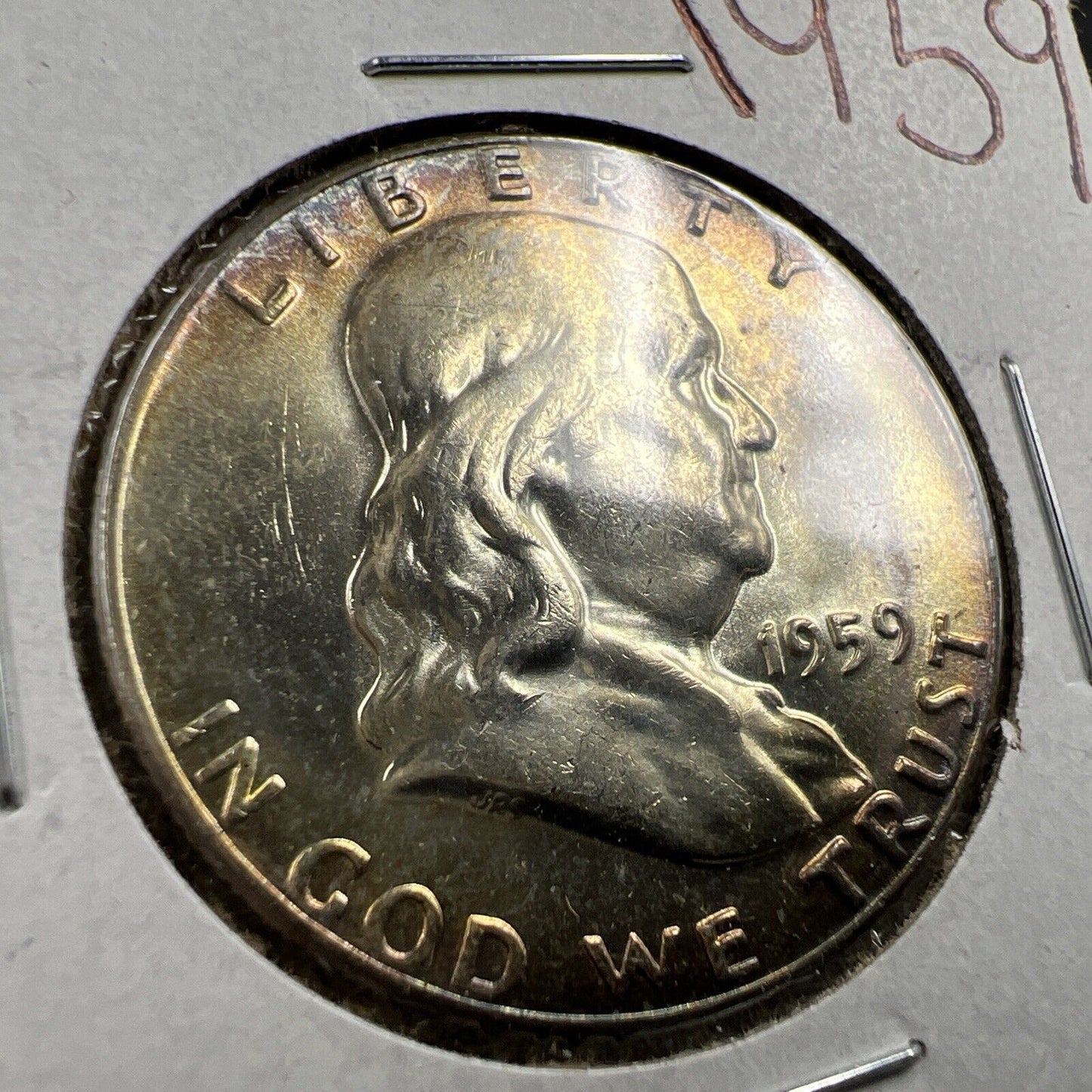 1959 P 50c Franklin Silver Half Dollar Coin Neat Toning Toner CH BU UNC