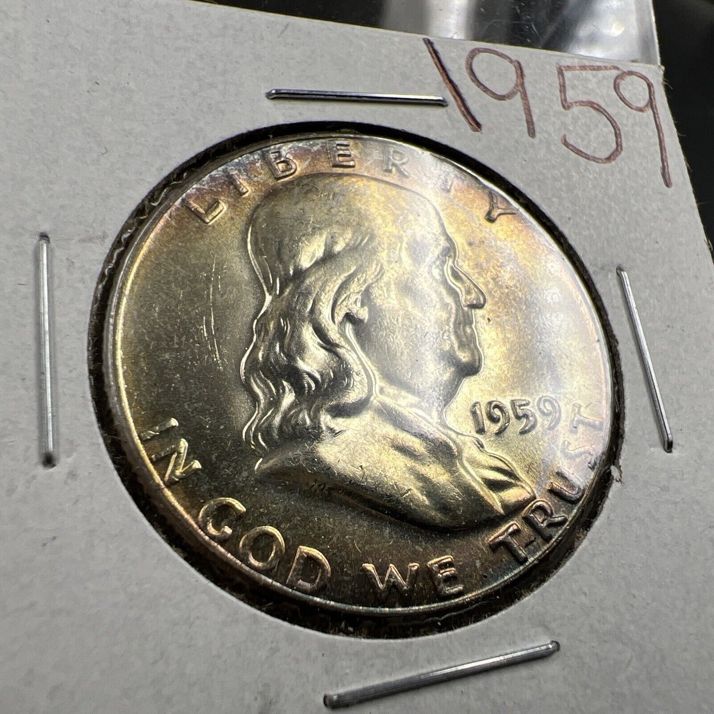 1959 P 50c Franklin Silver Half Dollar Coin Neat Toning Toner CH BU UNC