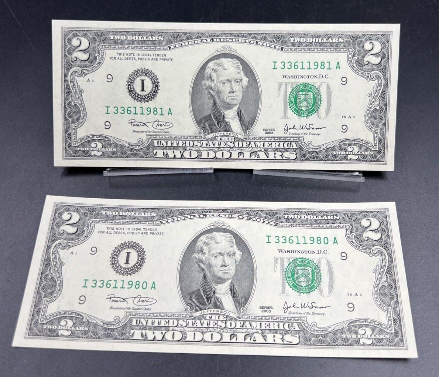 Lot of 2 2003 $2 Two Dollar FRN Federal Reserve Note Bills NEAT Serial #336