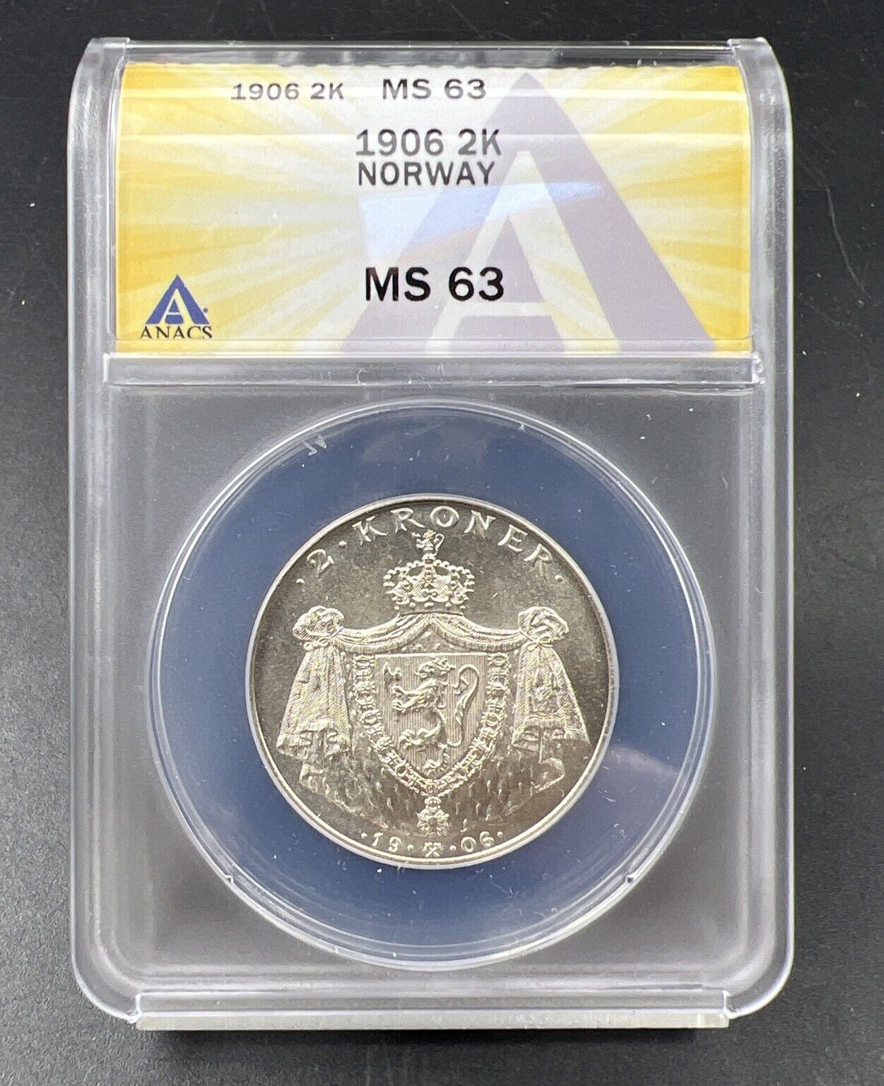 1906 Norway 2 Kroner Silver Coin ANACS MS63 Choice BU UNC Certified
