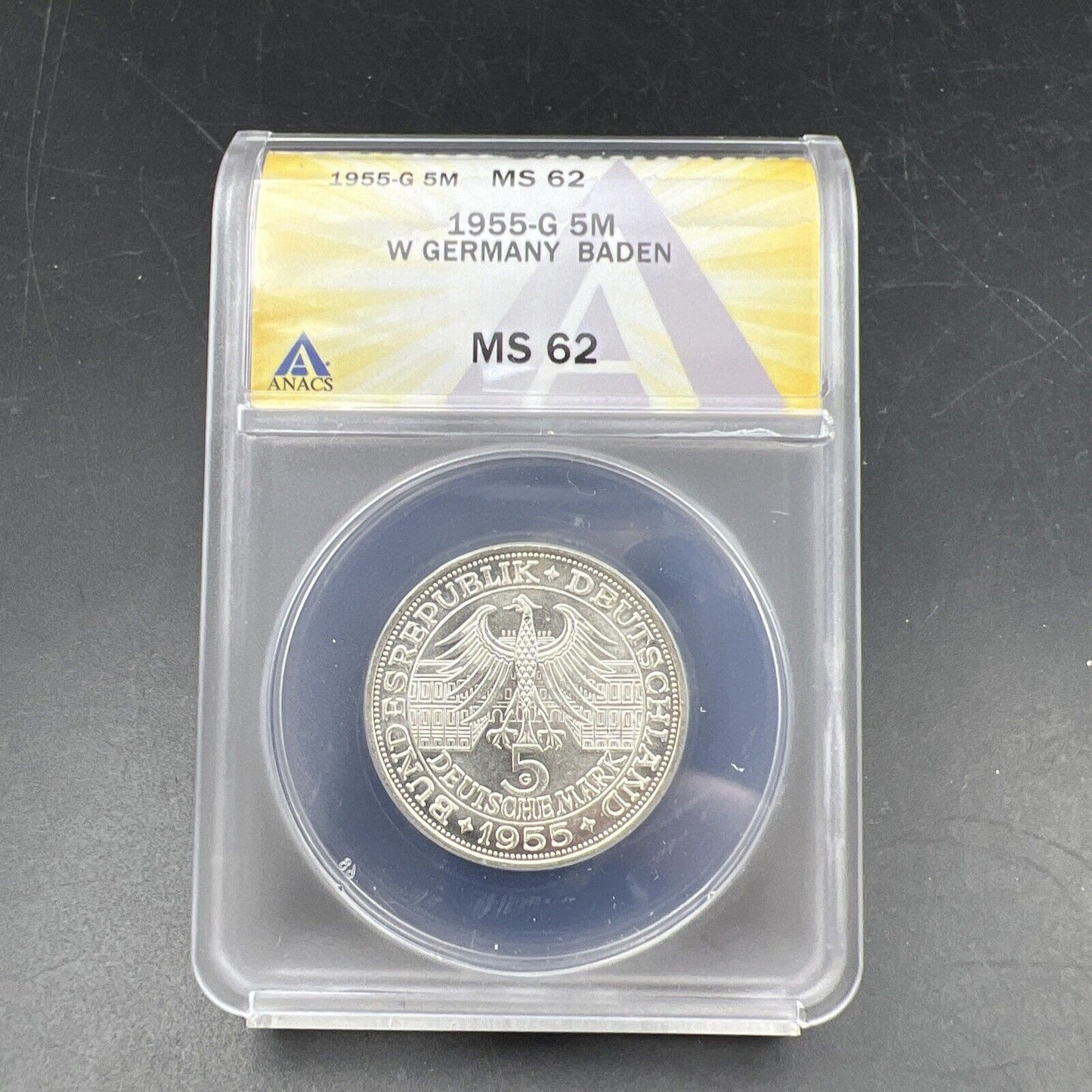 1955 G 5M West Germany Baden 5 Five Marks Silver Coin ANACS MS62