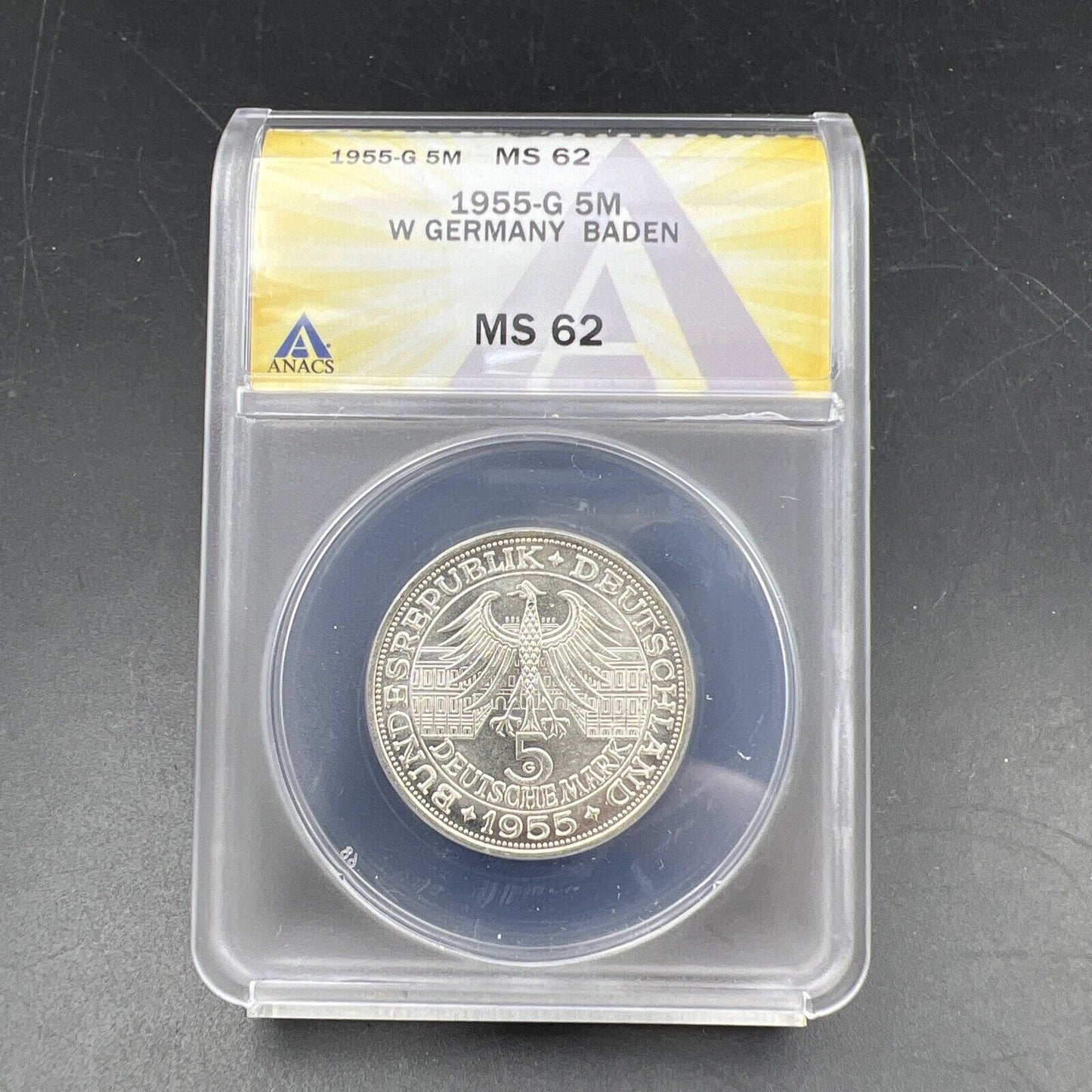 1955 G 5M West Germany Baden 5 Five Marks Silver Coin ANACS MS62