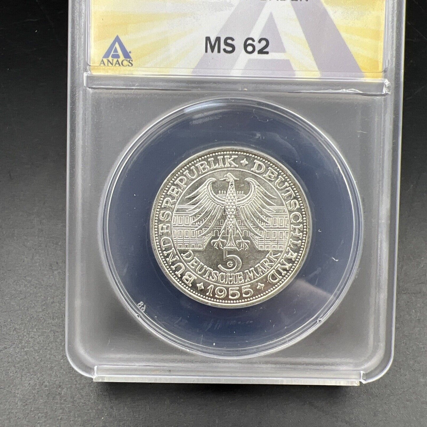 1955 G 5M West Germany Baden 5 Five Marks Silver Coin ANACS MS62