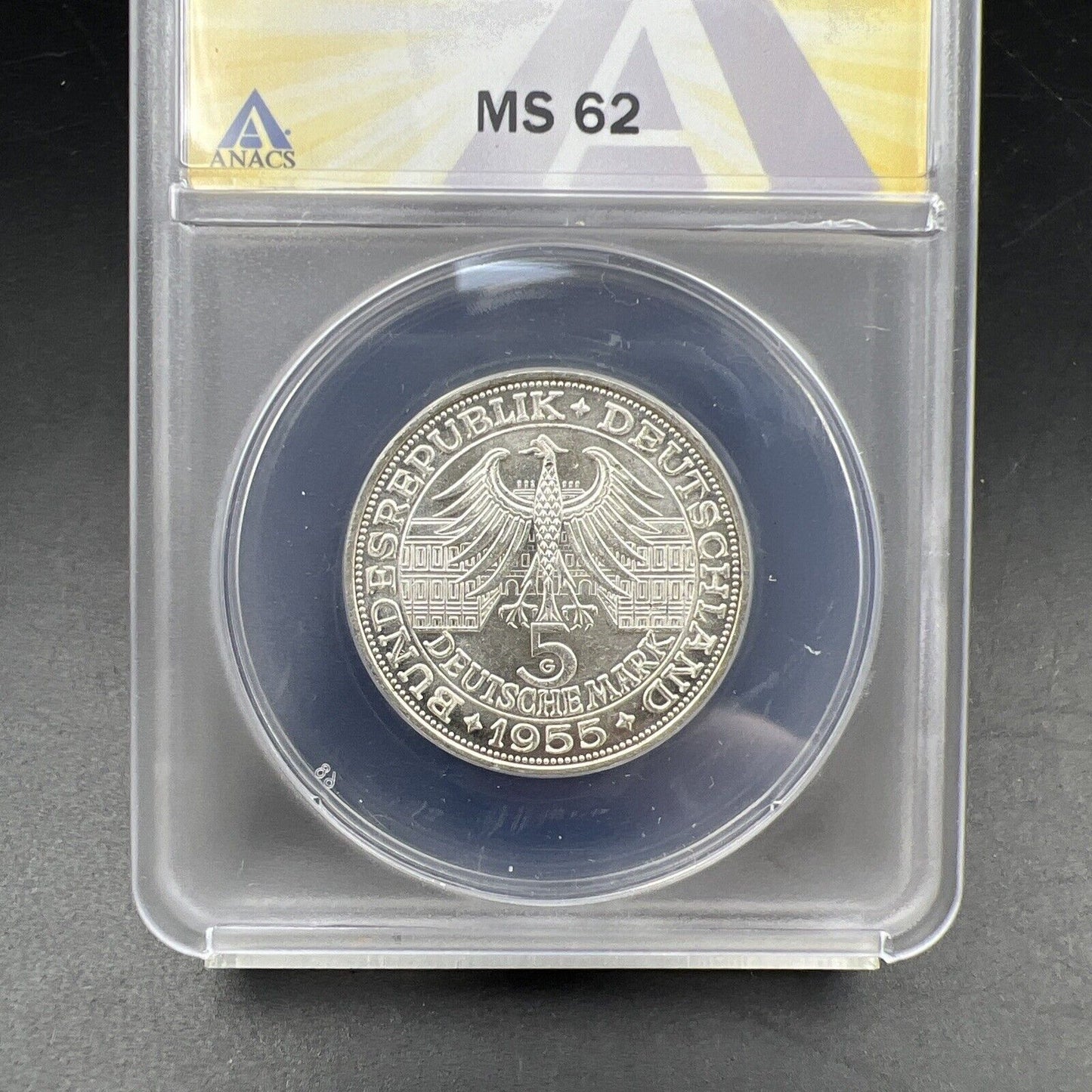 1955 G 5M West Germany Baden 5 Five Marks Silver Coin ANACS MS62