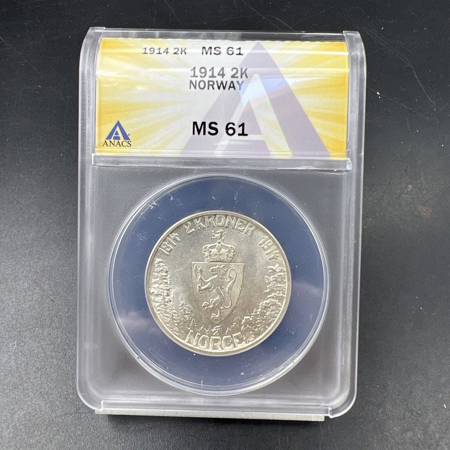 1914 Norway 2 Kroner Silver Coin ANACS MS61 BU UNC Certified