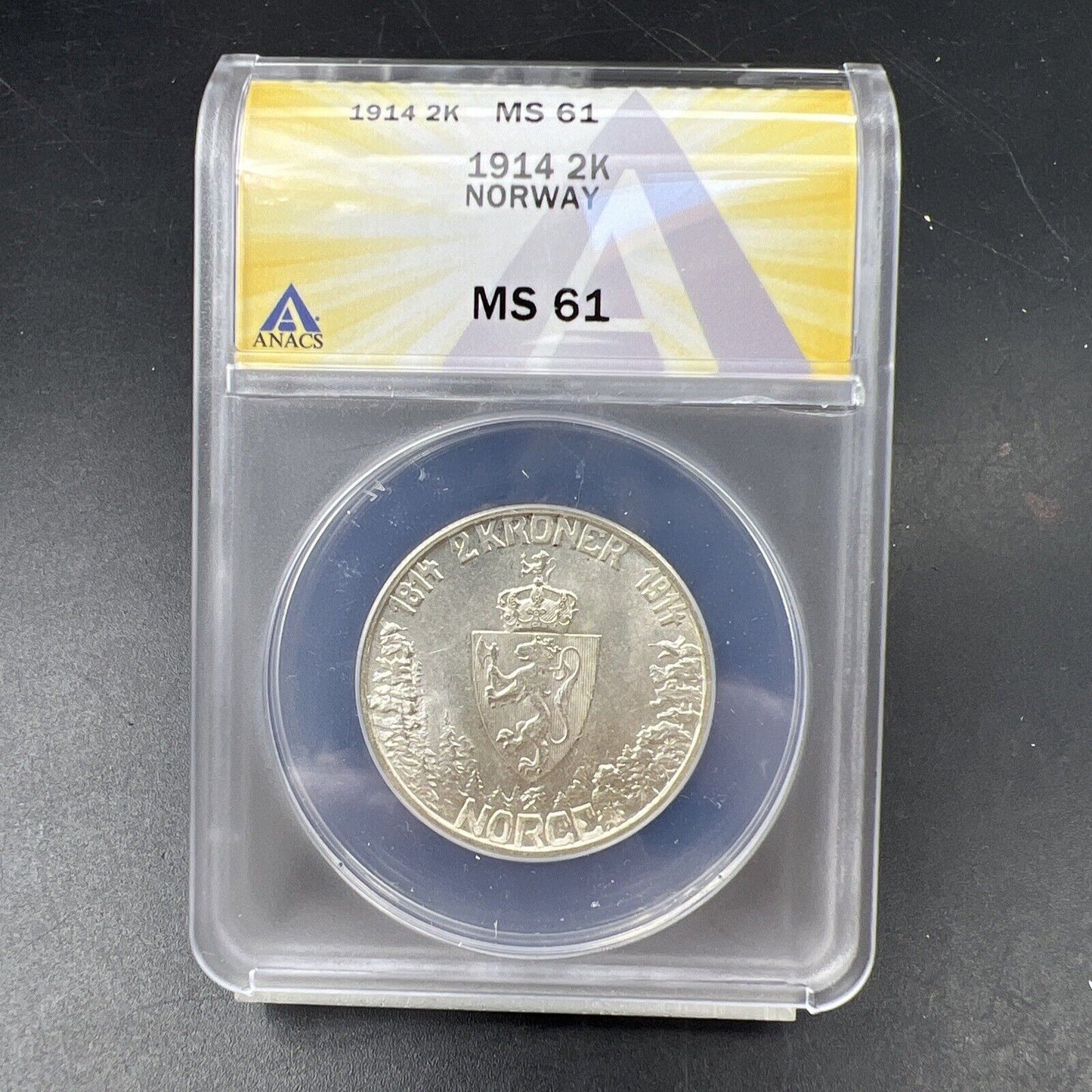 1914 Norway 2 Kroner Silver Coin ANACS MS61 BU UNC Certified