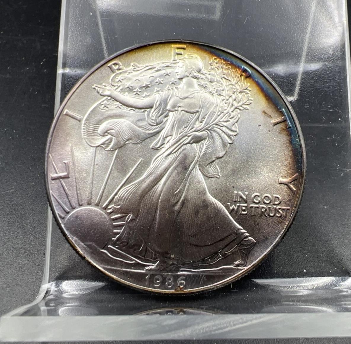 1986 1 OZ American Silver Eagle GEM BU UNC Nice Original Toning Toner Obverse