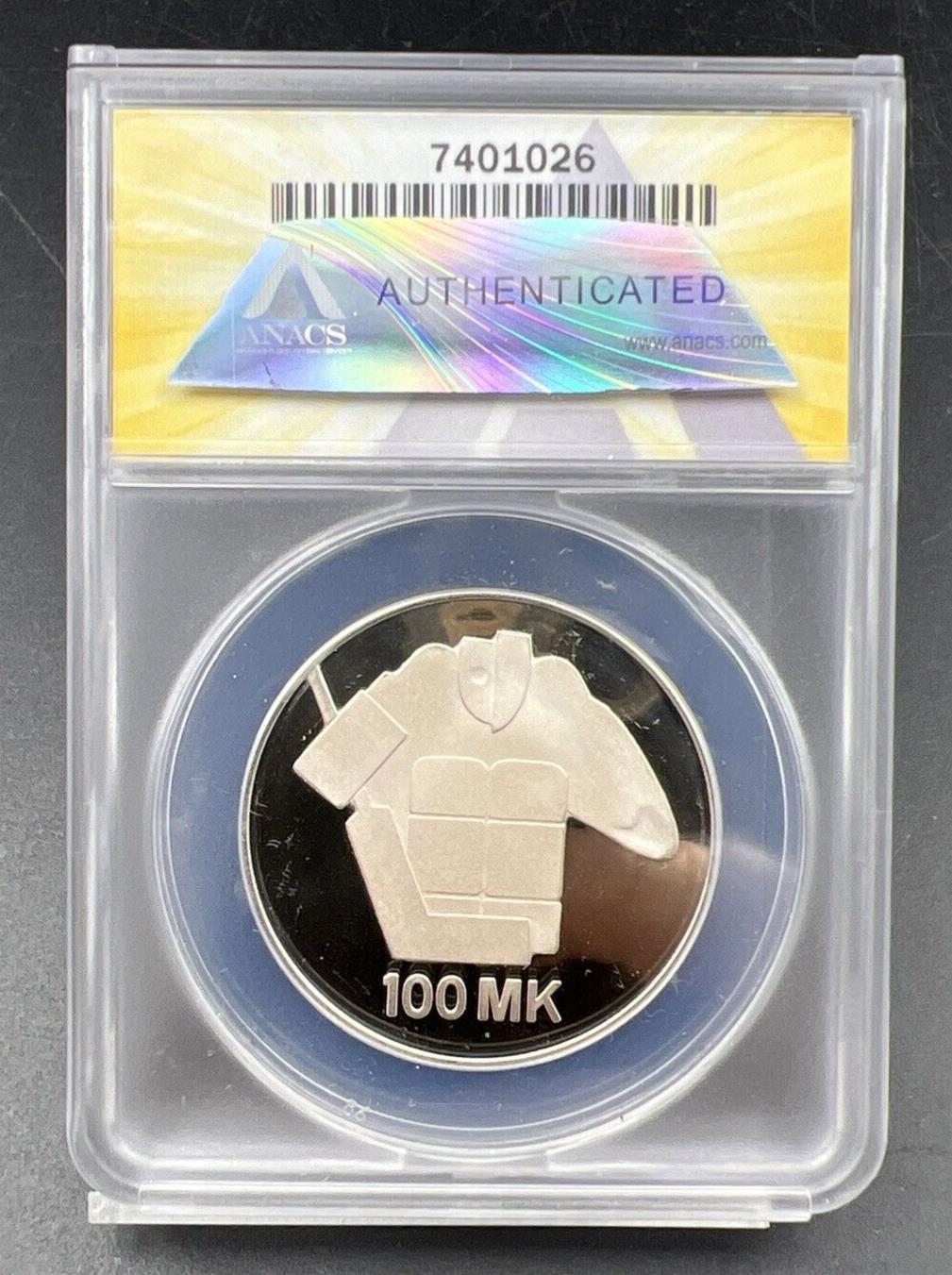 1991 Finland 100m 100 Markkaa PL Proof Silver Hockey Goalie Coin ANACS PF67 DCAM