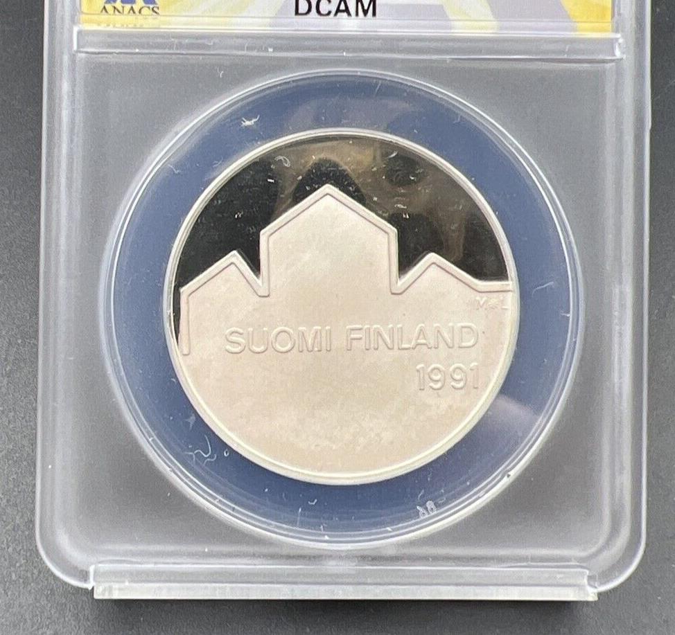 1991 Finland 100m 100 Markkaa PL Proof Silver Hockey Goalie Coin ANACS PF67 DCAM