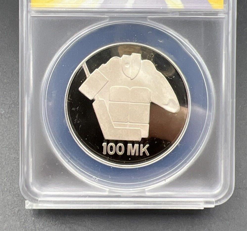 1991 Finland 100m 100 Markkaa PL Proof Silver Hockey Goalie Coin ANACS PF67 DCAM