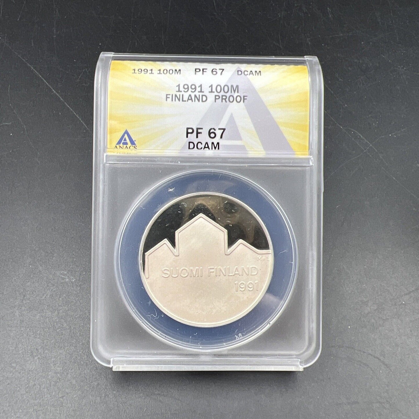 1991 Finland 100m 100 Markkaa PL Proof Silver Hockey Goalie Coin ANACS PF67 DCAM