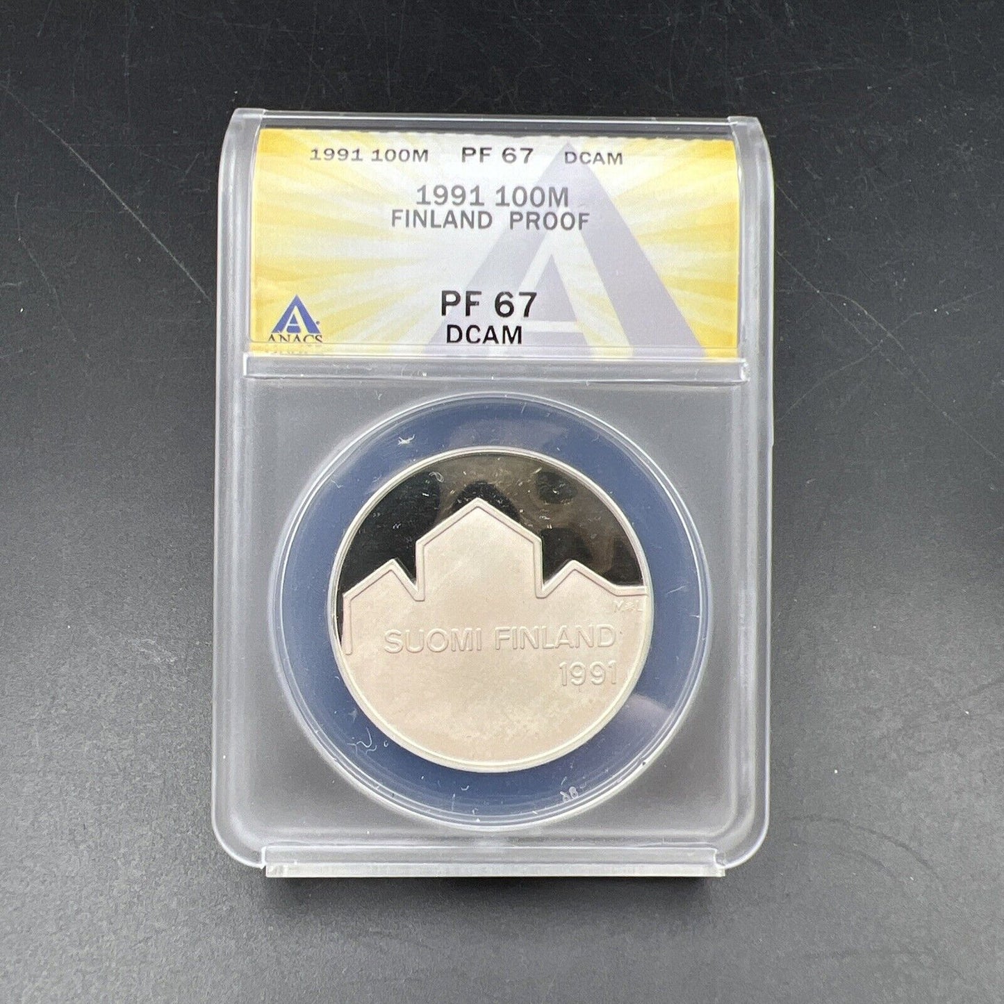 1991 Finland 100m 100 Markkaa PL Proof Silver Hockey Goalie Coin ANACS PF67 DCAM