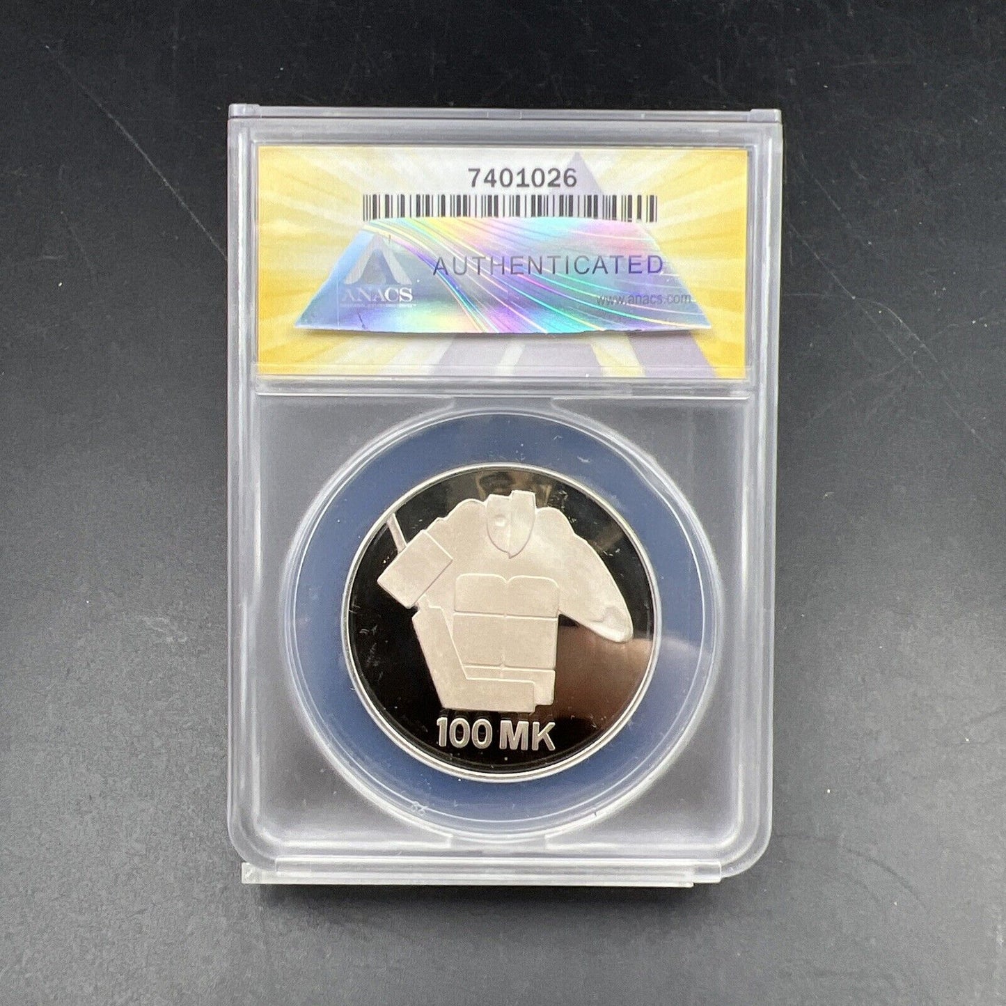 1991 Finland 100m 100 Markkaa PL Proof Silver Hockey Goalie Coin ANACS PF67 DCAM