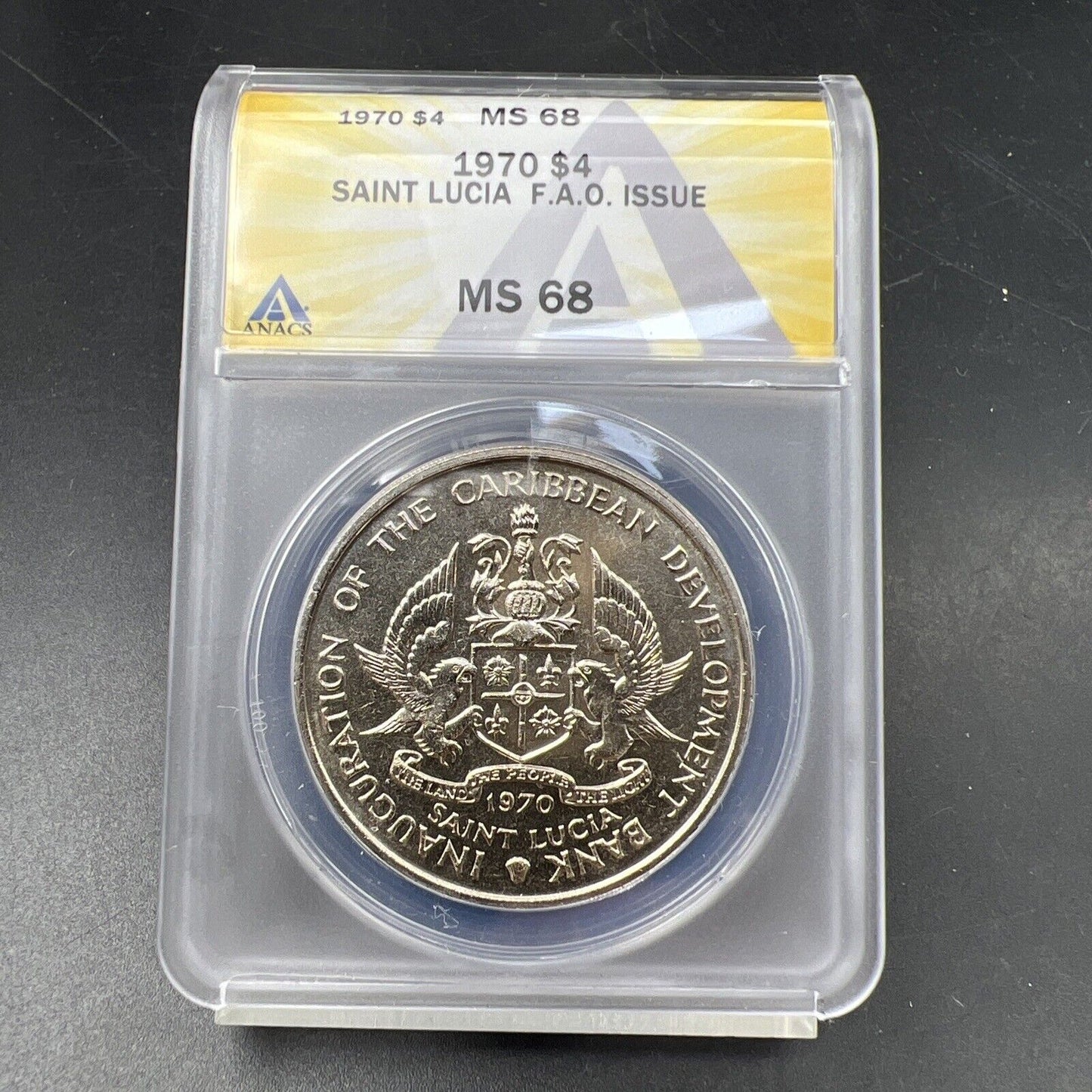 1970 F.A.O Saint Lucia Banana 4 Dollars Coin ANACS MS68 Gem BU Certified Top Pop