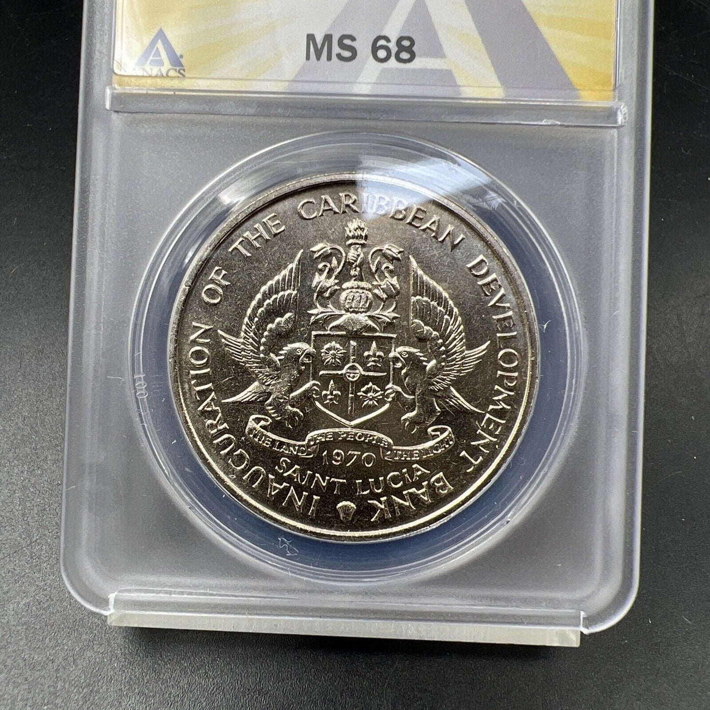 1970 F.A.O Saint Lucia Banana 4 Dollars Coin ANACS MS68 Gem BU Certified Top Pop