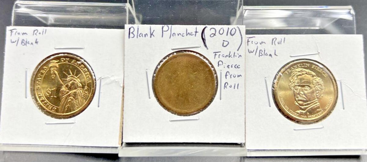 US Small Size Brass Dollar Blank Error Franklin Pierce 2010 Planchet 3 Coin Set