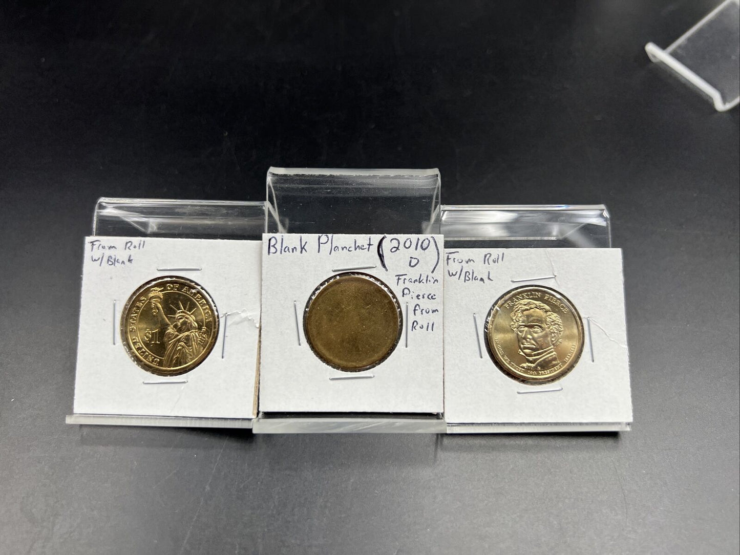 US Small Size Brass Dollar Blank Error Franklin Pierce 2010 Planchet 3 Coin Set