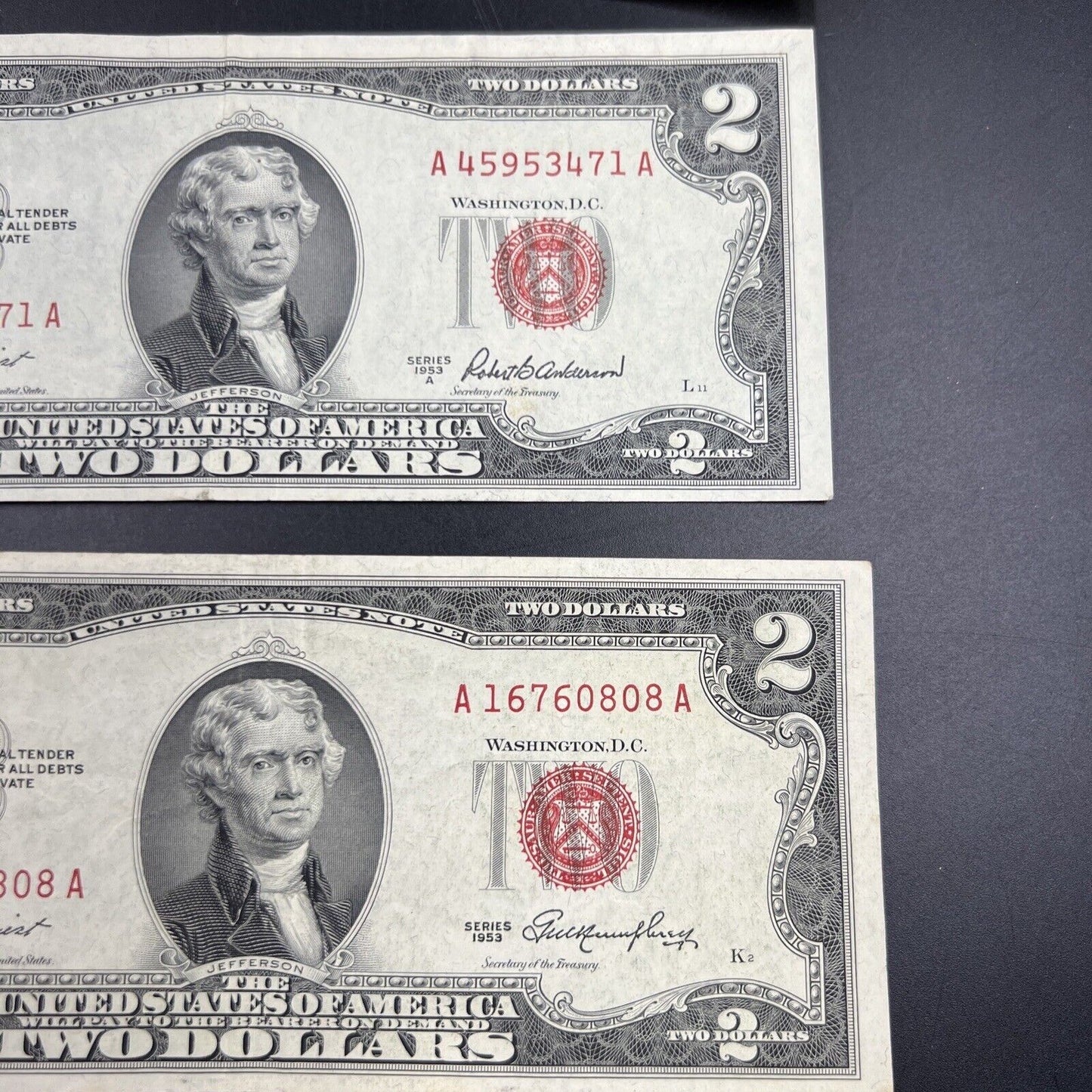 5 Note Set 1953 + ABC & 1963 $2 Two Dollar Red Seal Legal Tender Bill Notes VF+