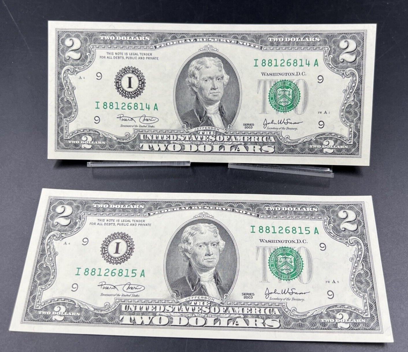 Lot of 2 2003 $2 Two Dollar FRN Federal Reserve Note Bills NEAT Serial #881