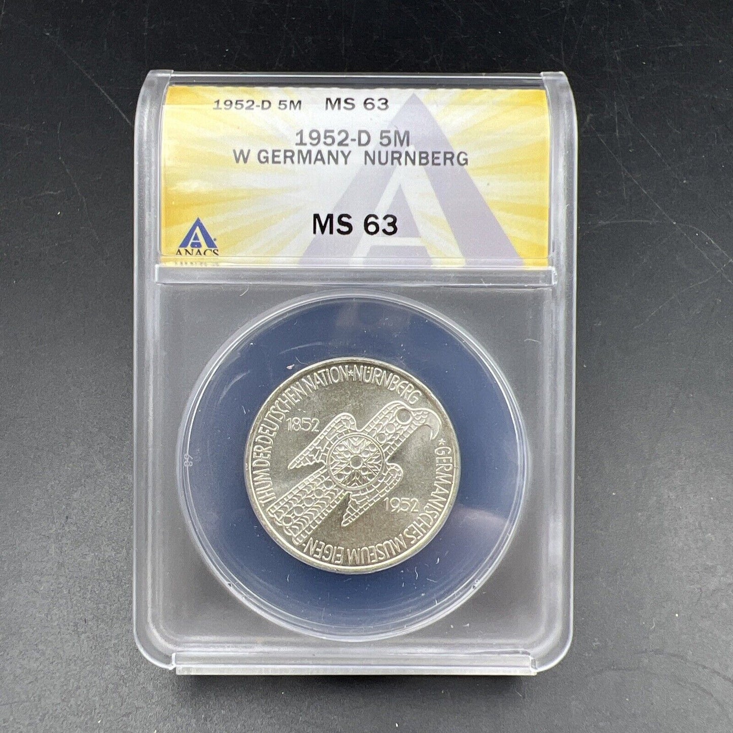 1952 D 5M West Germany Nurnberg 5 Five Marks Silver Coin ANACS MS63