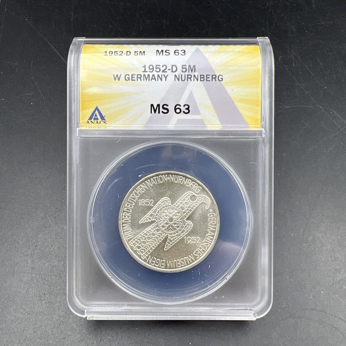 1952 D 5M West Germany Nurnberg 5 Five Marks Silver Coin ANACS MS63