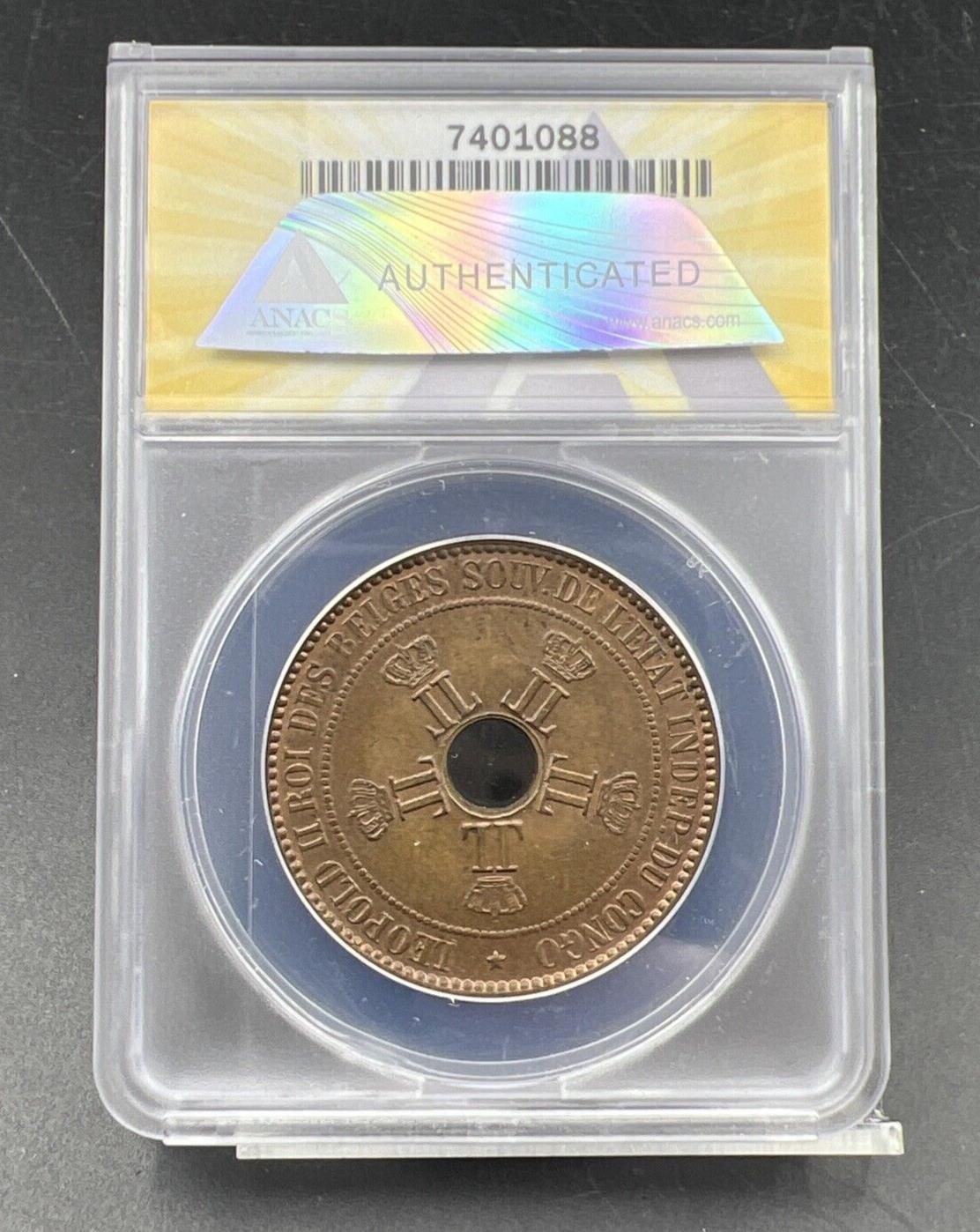 1889 10c Belgian Congo Ten 10 Centimes Bronze Star Coin MS63 BN ANACS CH BU