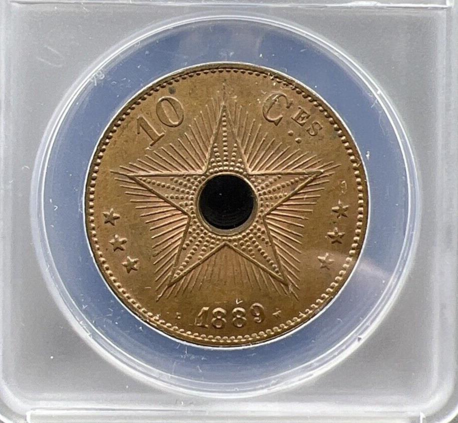 1889 10c Belgian Congo Ten 10 Centimes Bronze Star Coin MS63 BN ANACS CH BU
