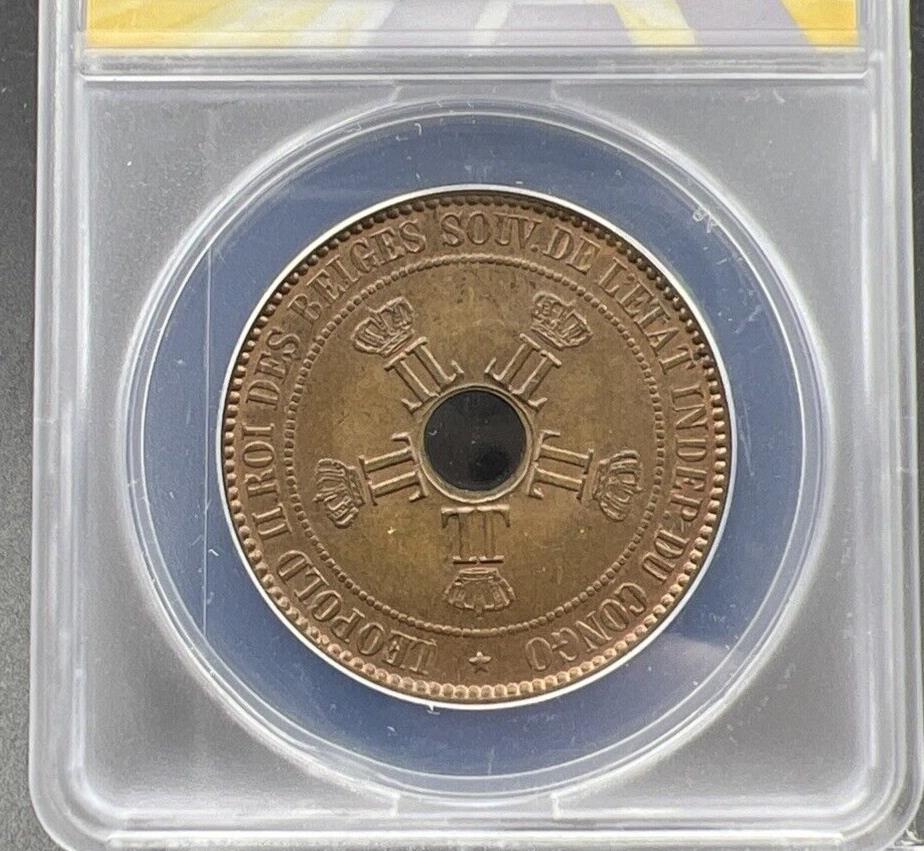 1889 10c Belgian Congo Ten 10 Centimes Bronze Star Coin MS63 BN ANACS CH BU