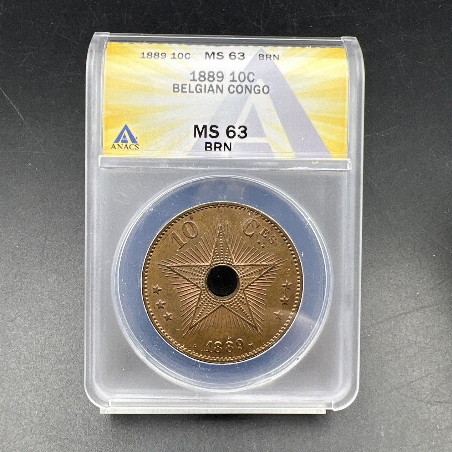 1889 10c Belgian Congo Ten 10 Centimes Bronze Star Coin MS63 BN ANACS CH BU