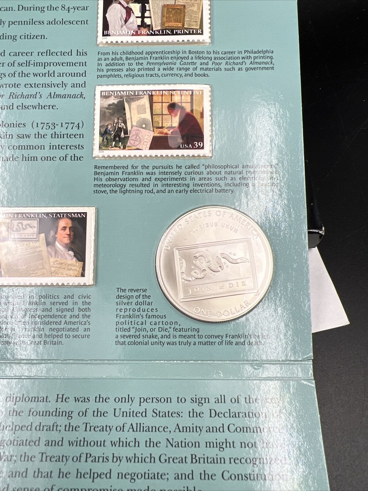 2006 Franklin Coin & Chronicles Set Silver Dollar Stamps & Engraving No COA
