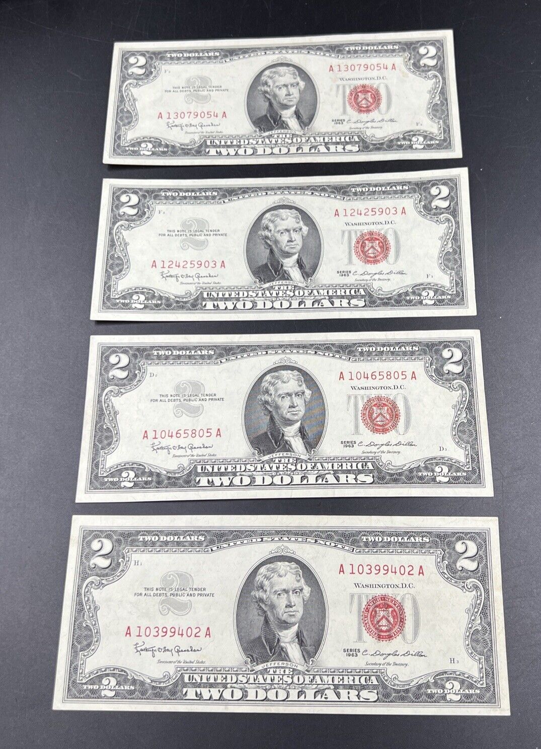Lot of 4 1963 $2 Two Dollar United States Red Seal Legal Tender CH VF +