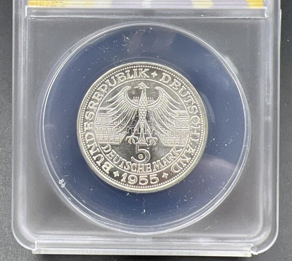 1955 G 5M West Germany Baden 5 Five Marks Silver Coin ANACS MS62 #043