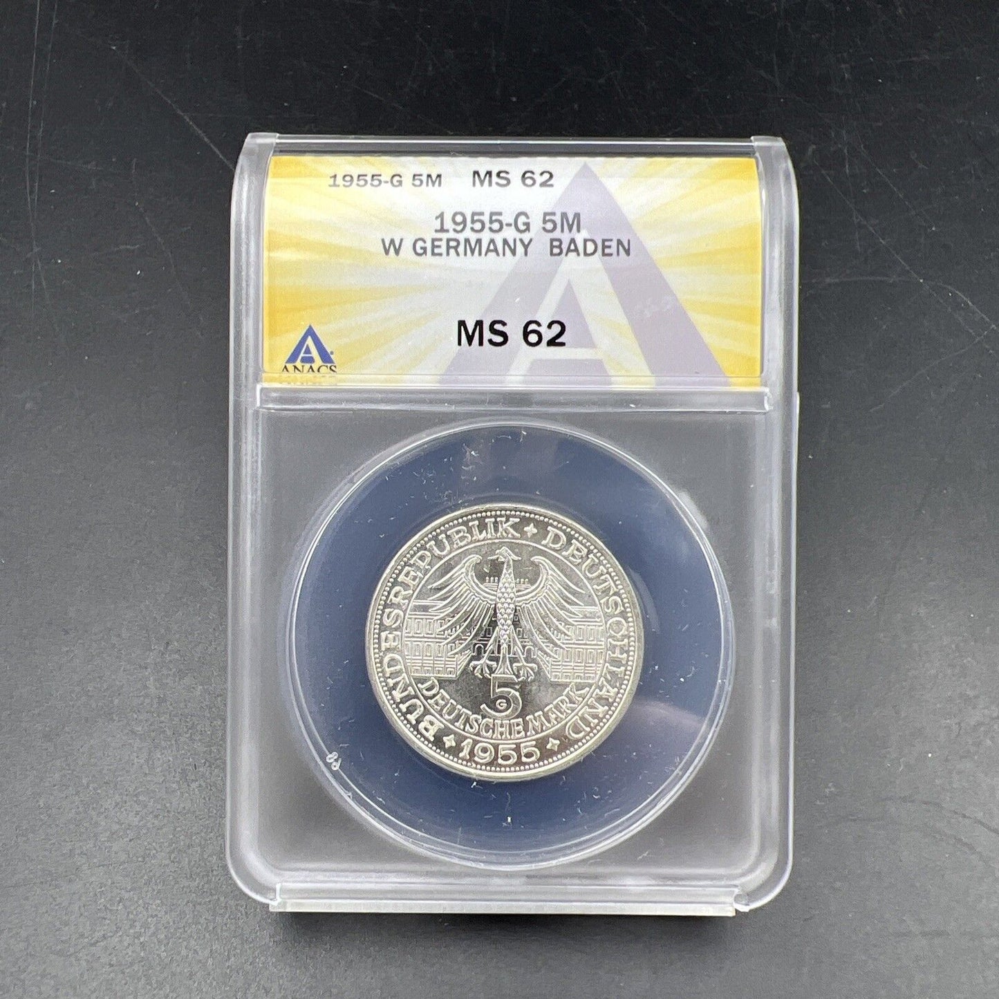 1955 G 5M West Germany Baden 5 Five Marks Silver Coin ANACS MS62 #043