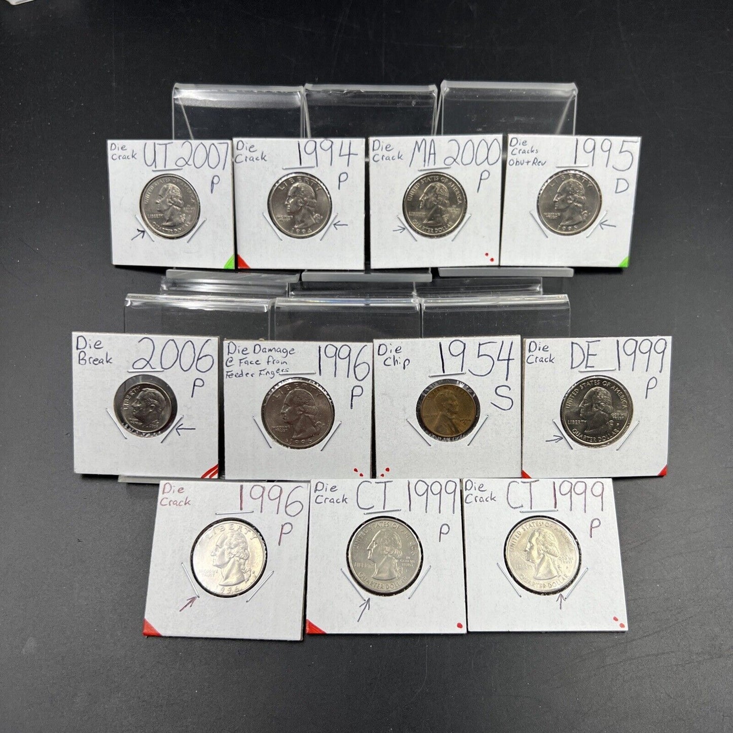 Learner's Set of 11 Minor Die Variety US Coins Die Chips & Cracks 25c 10c & 1c