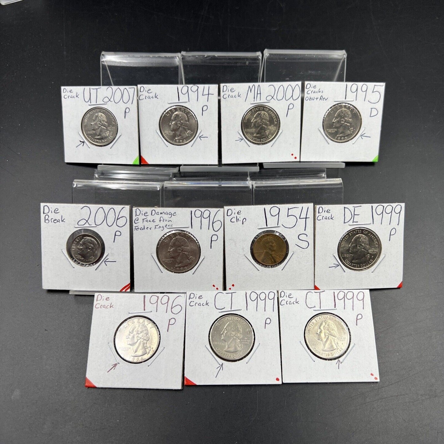 Learner's Set of 11 Minor Die Variety US Coins Die Chips & Cracks 25c 10c & 1c