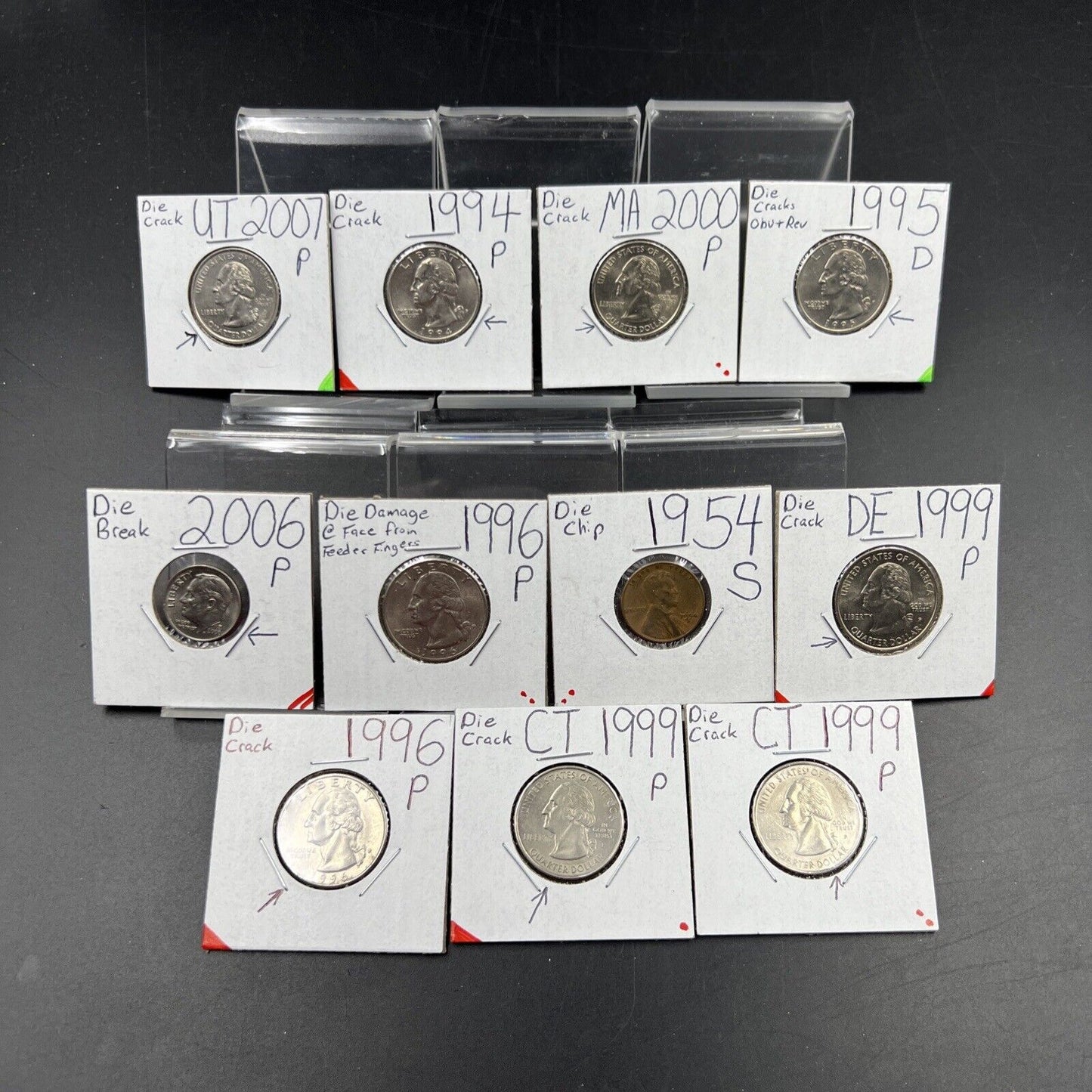 Learner's Set of 11 Minor Die Variety US Coins Die Chips & Cracks 25c 10c & 1c