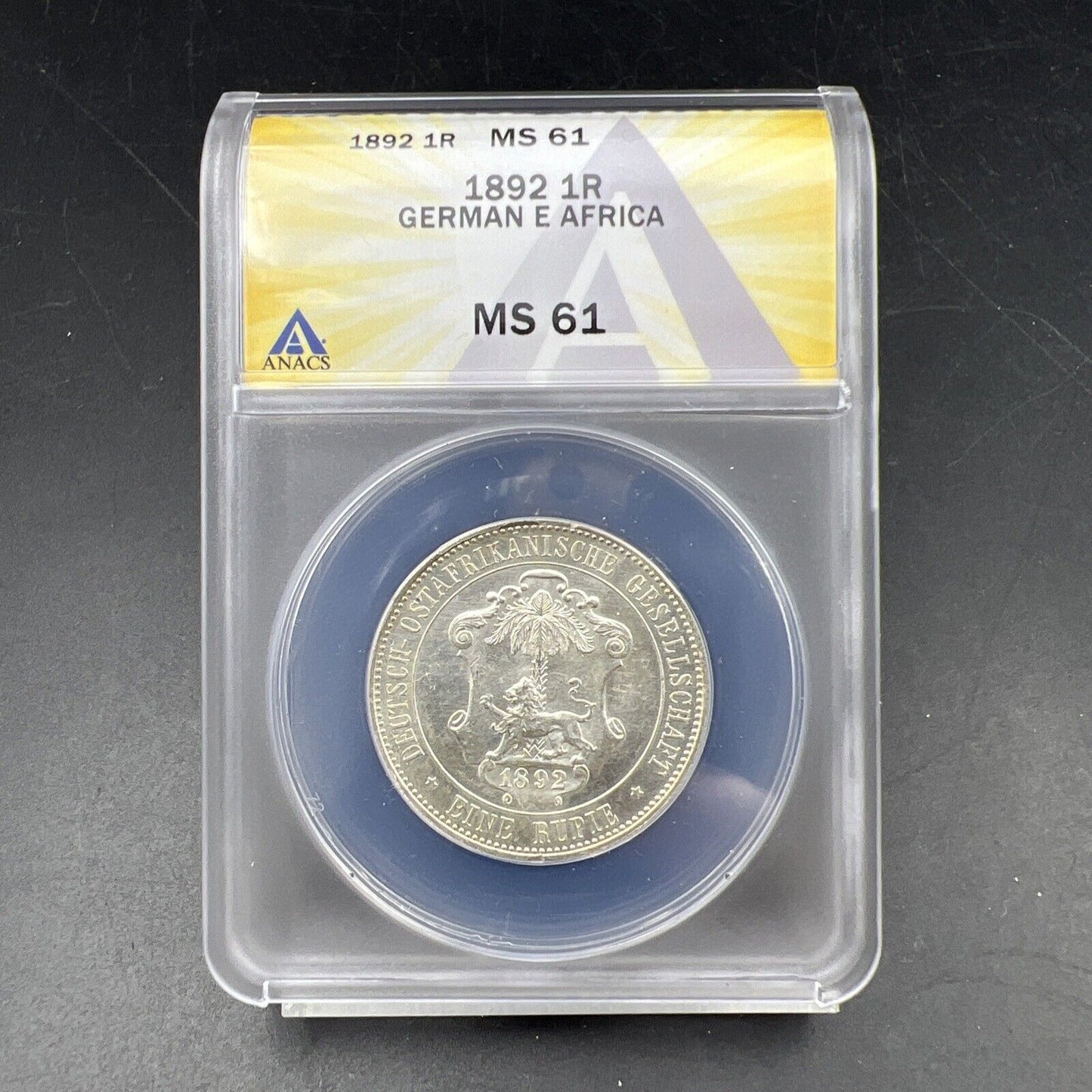 1892 German East African Wihelm II 1 Rupie Silver Coin BU MS61 ANACS Certified
