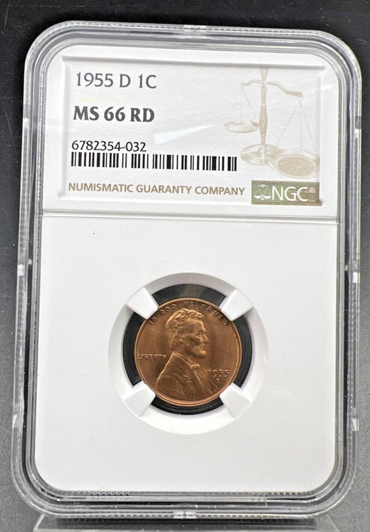 1955 D Lincoln Wheat Cent Penny Coin NGC MS66 RED #032 Die chip in Liberty