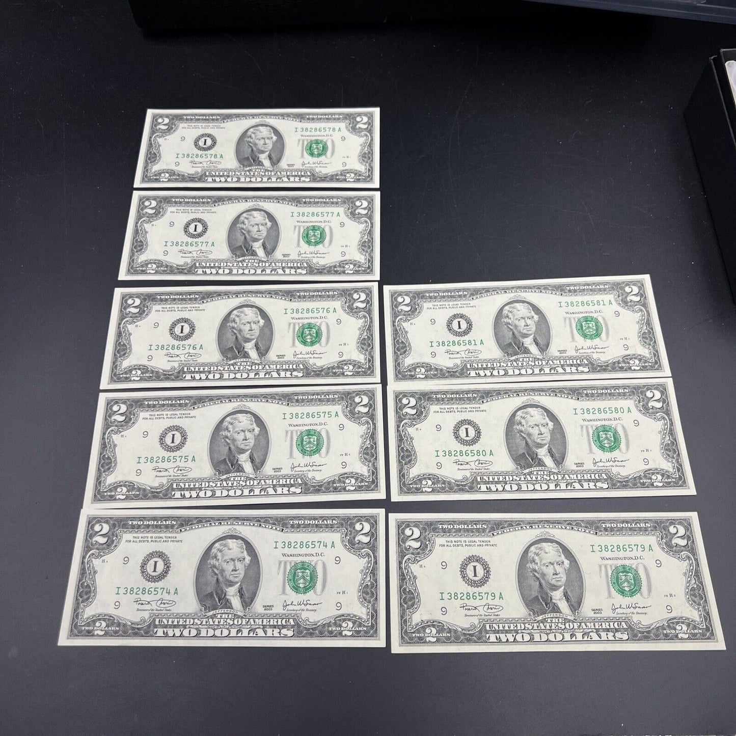 Lot of 8 Consecutive 2003 $2 Two Dollar Federal Reserve Notes FRN CH UNC #574