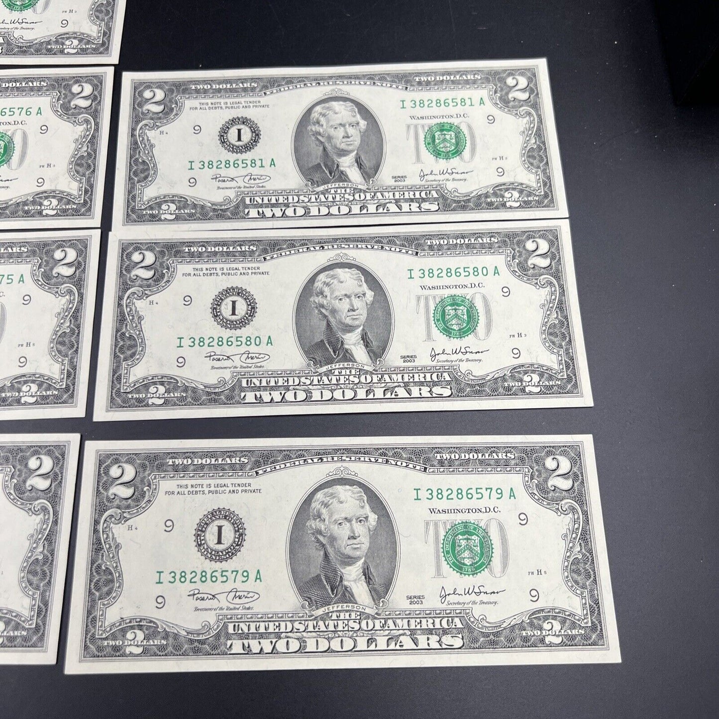 Lot of 8 Consecutive 2003 $2 Two Dollar Federal Reserve Notes FRN CH UNC #574