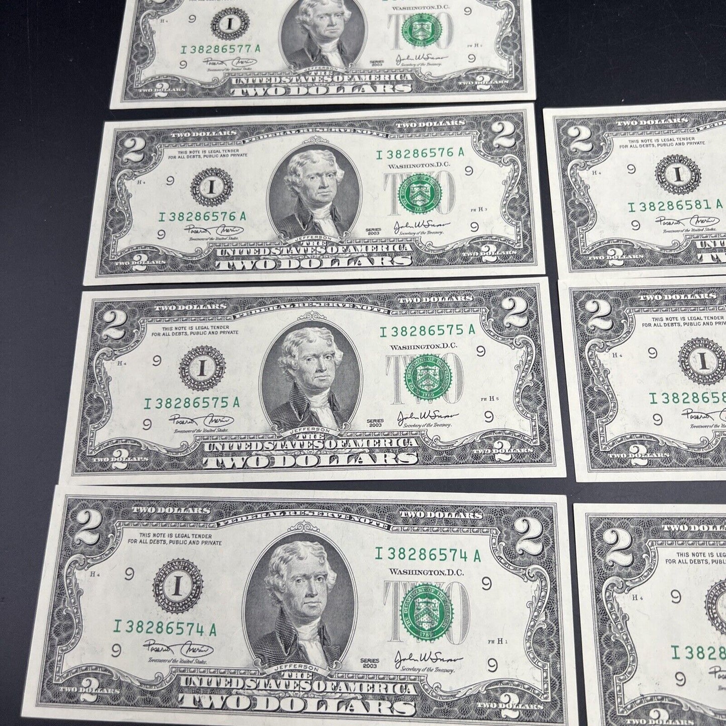 Lot of 8 Consecutive 2003 $2 Two Dollar Federal Reserve Notes FRN CH UNC #574