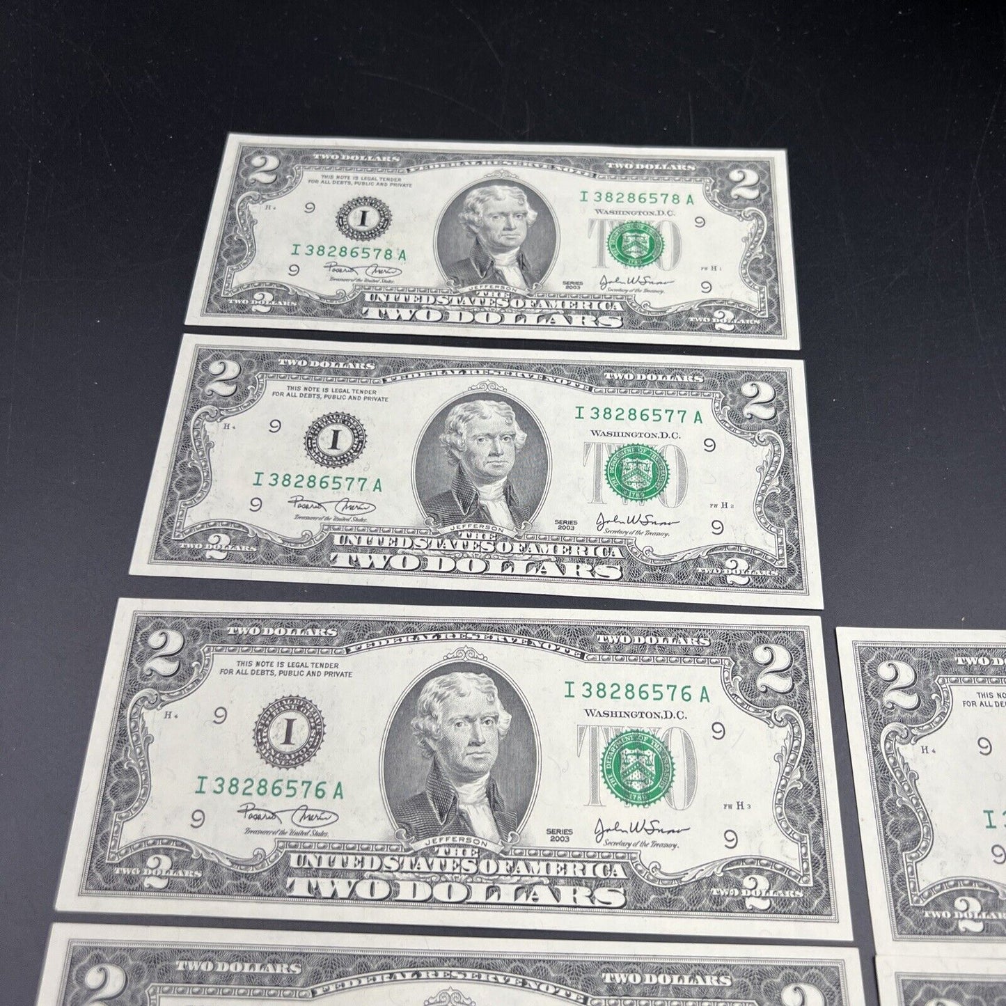 Lot of 8 Consecutive 2003 $2 Two Dollar Federal Reserve Notes FRN CH UNC #574