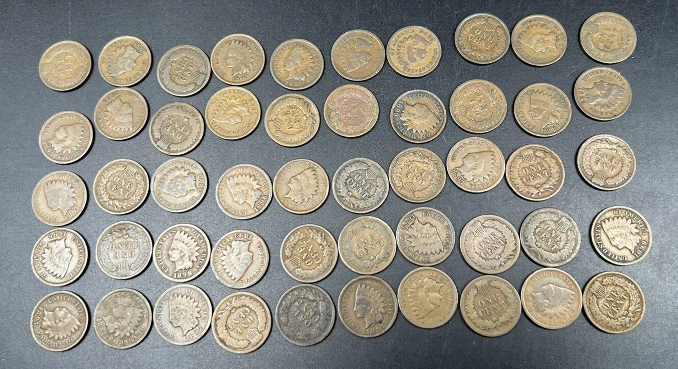 Pre 1900 50 Coin Indian One Cent Penny Coin 1c Roll G+