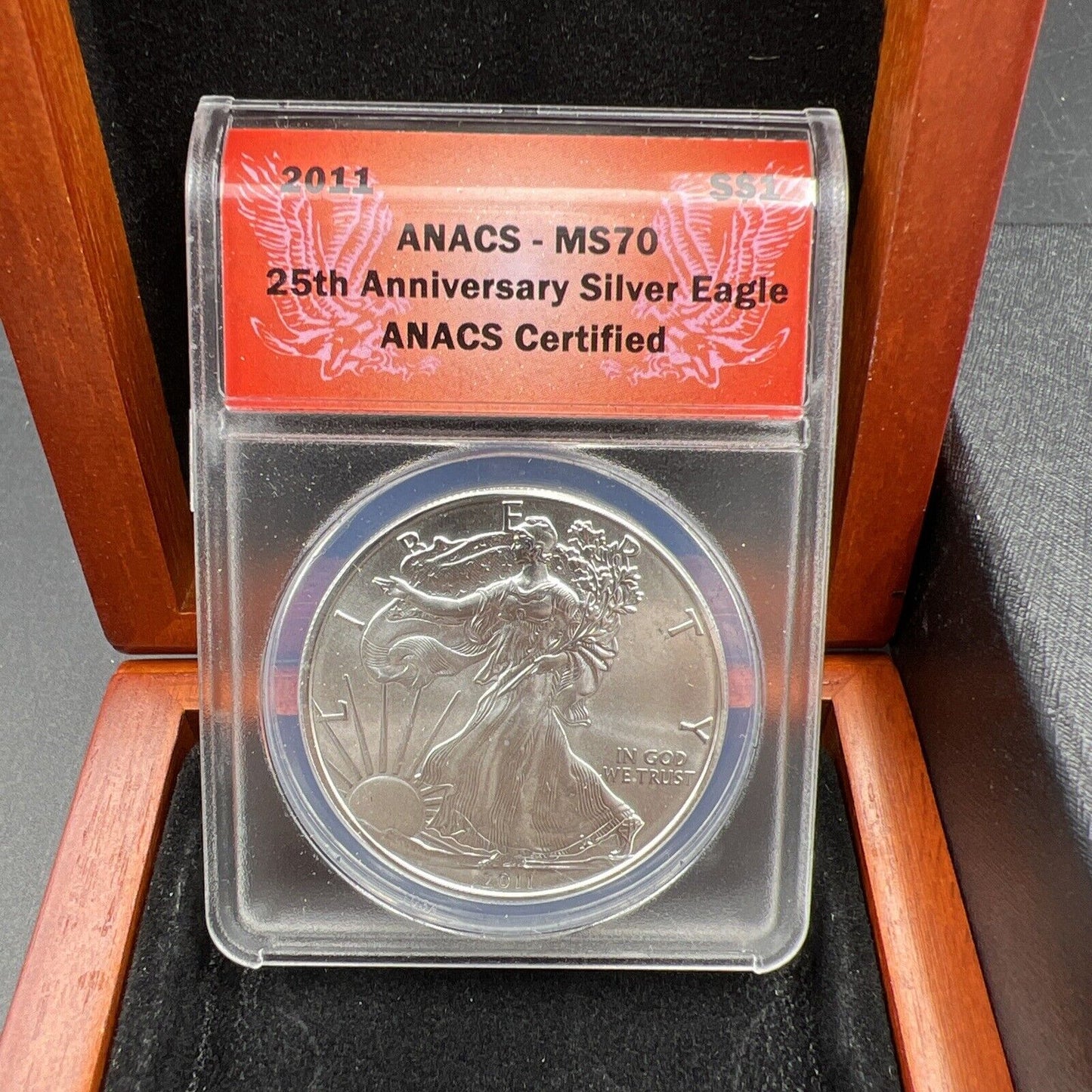 2011 American Silver Eagle $1 ANACS Certified MS70 in Display Wood Box