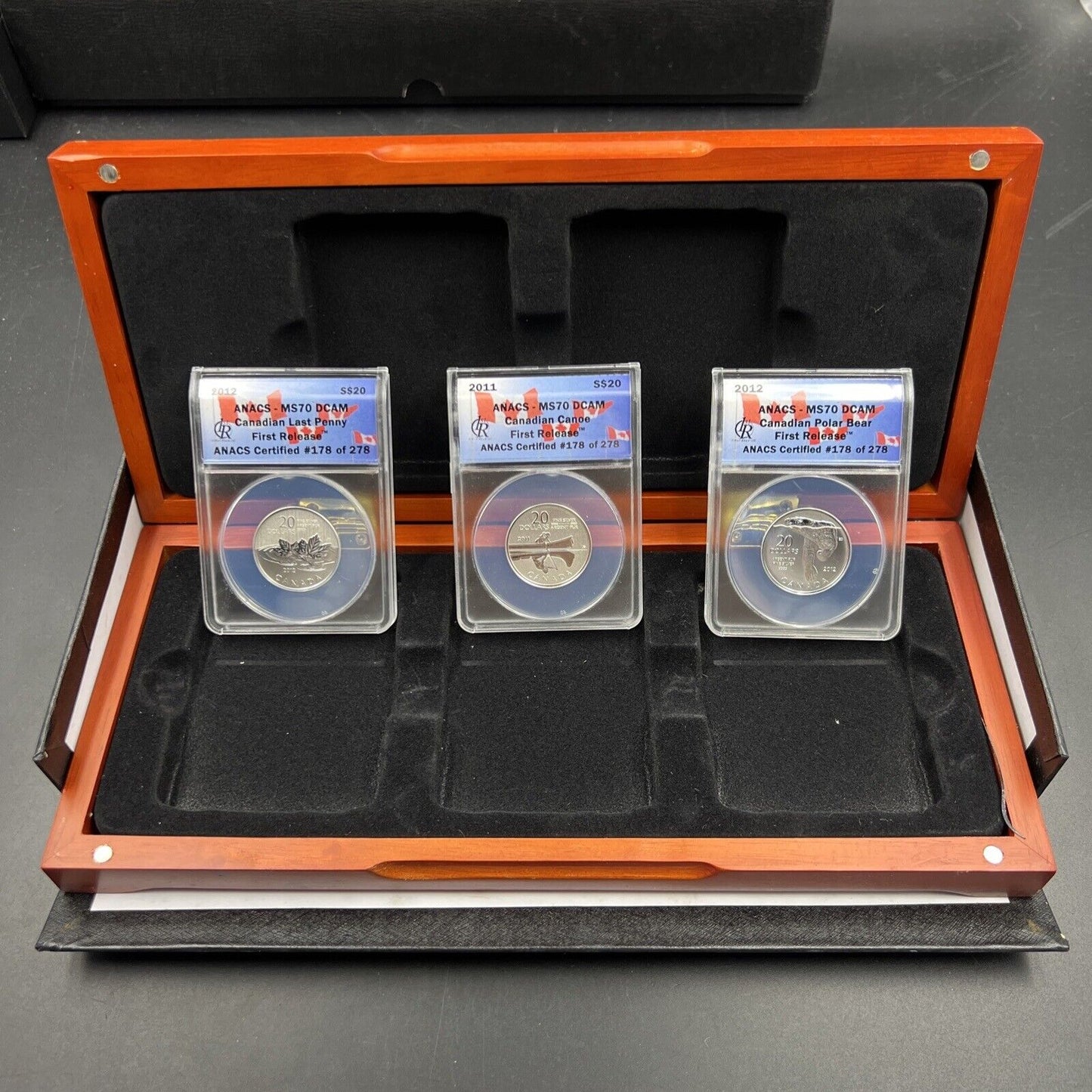 3 Coin Set 2011 2012 $20 Canada Silver Canoe Polar Bear & Last Penny MS70 ANACS