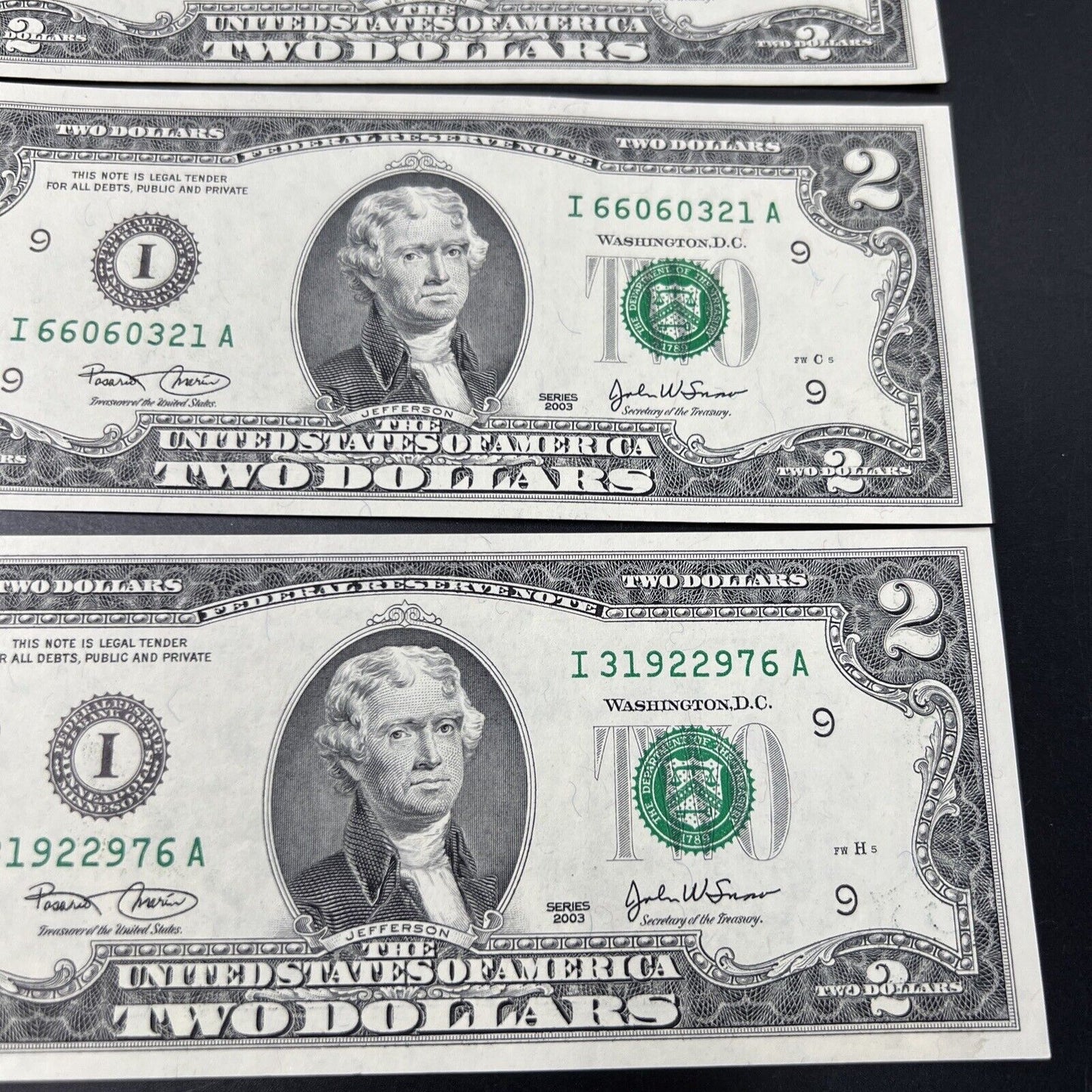 Lot of 4 2003 $2 Two Dollar FRN Notes CH UNC w/ Repeat Serial Numbers #