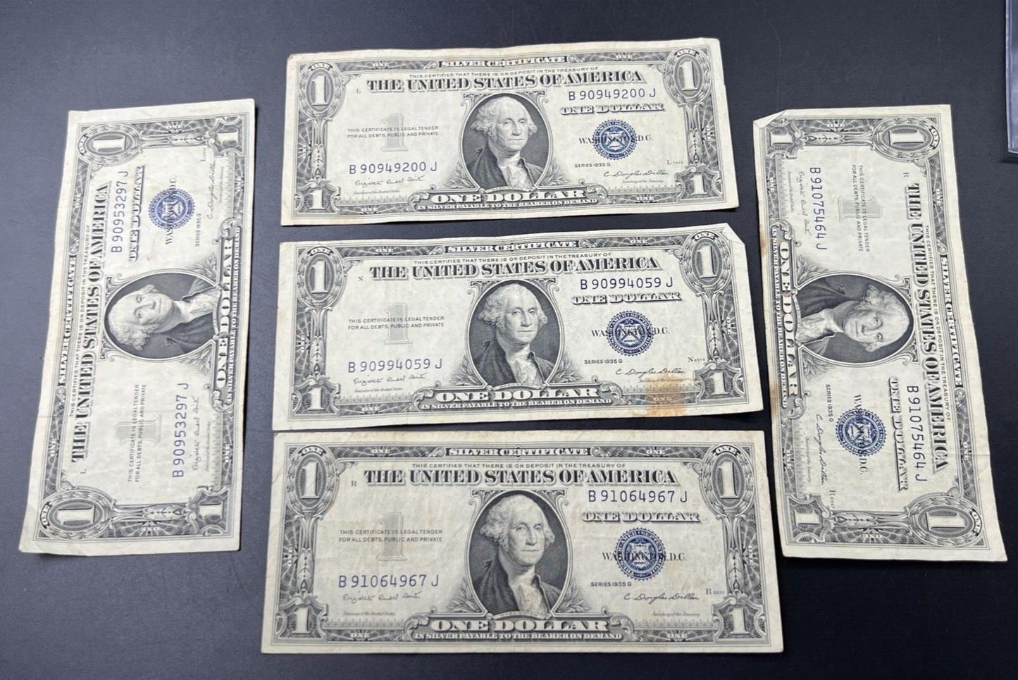 Lot of 5 1935 G $1 Silver Certificate Blue Seal Notes VG Fine Circ Neat Serial #