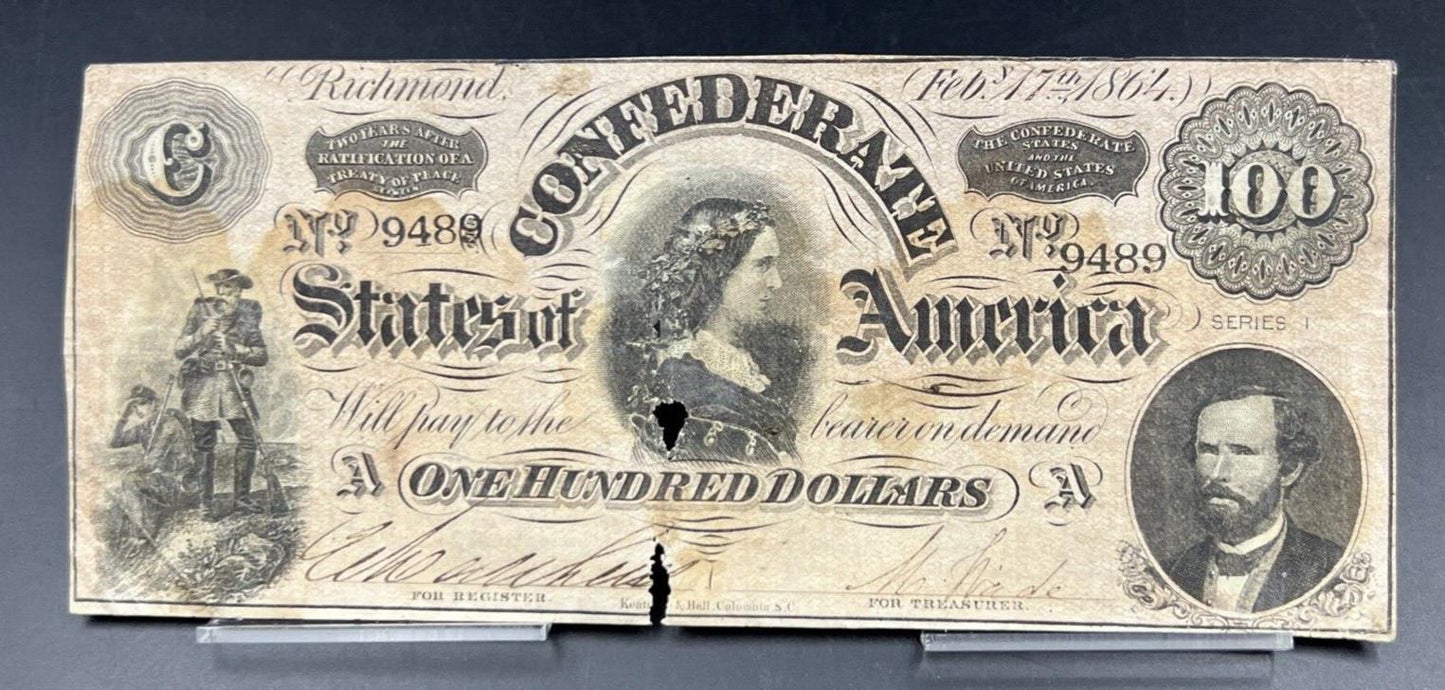 $100 1864 CONFEDERATE CURRENCY Richmond Hundred Dollar Bill Very Circulated CSA