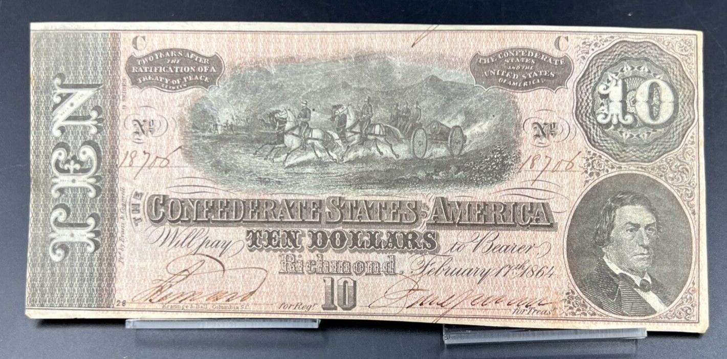 1864 Civil War Confederate States Currency $10 Note Ten Bill CH VF / XF Richmond