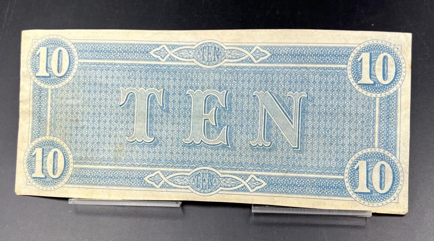 1864 Civil War Confederate States Currency $10 Note Ten Bill CH VF / XF Richmond